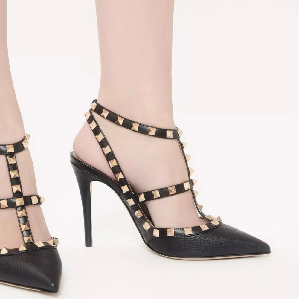 Valentino Garavani Black and Gold Studded Heels